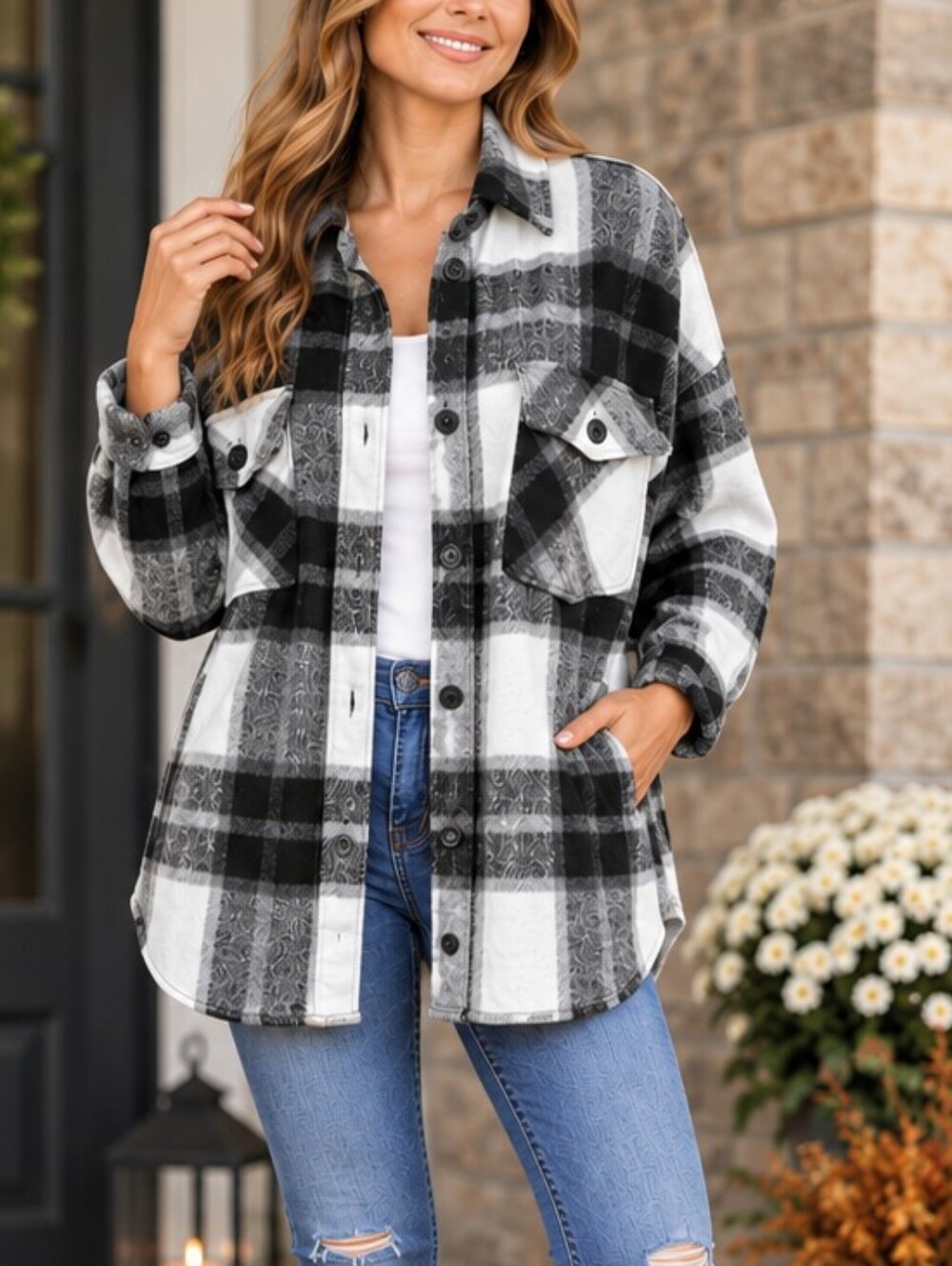 SO Shirt Jacket – Black, Gray & White Plaid – Size XL
